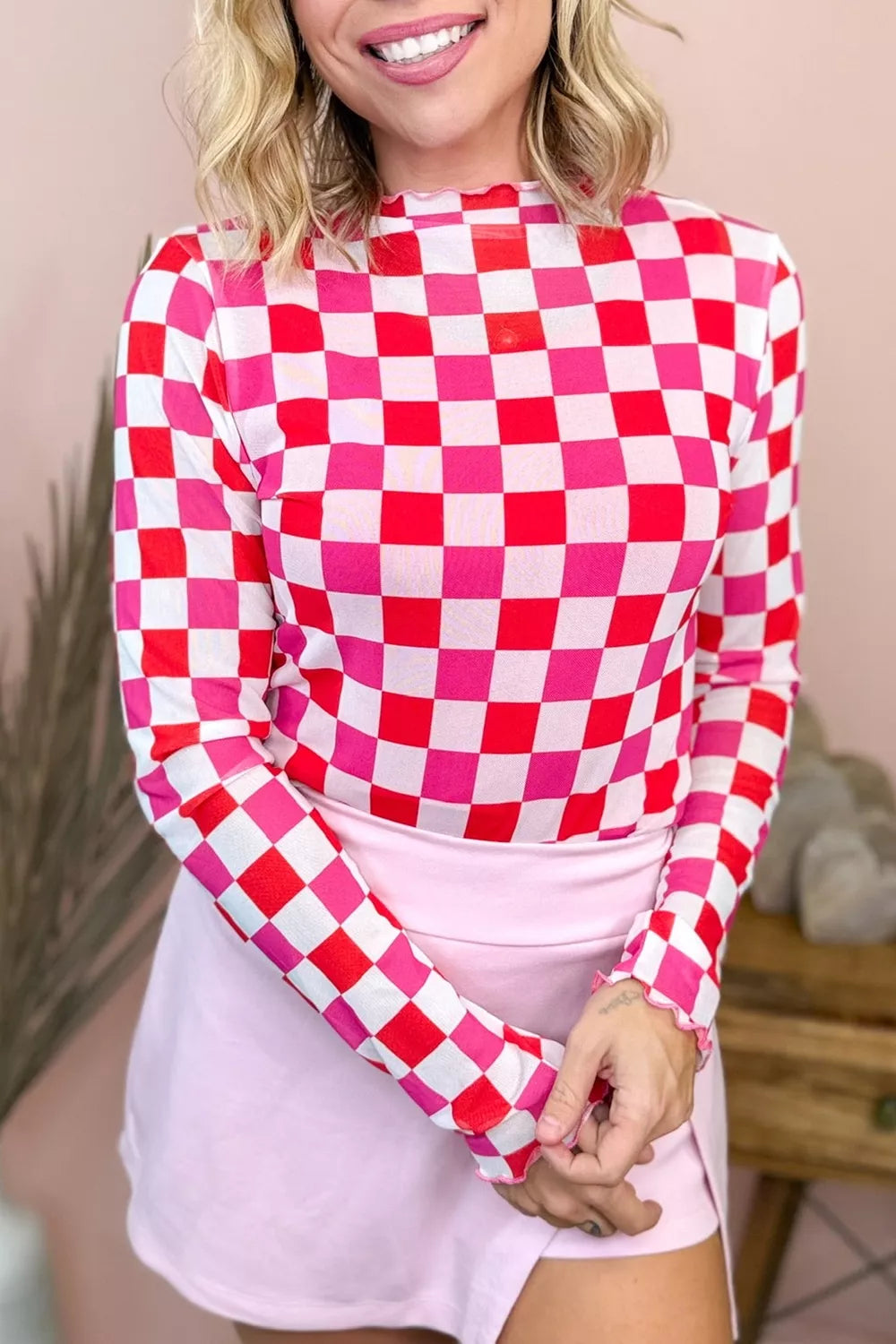Plaid Heart Mesh Sheer Long Sleeve High Neck Top