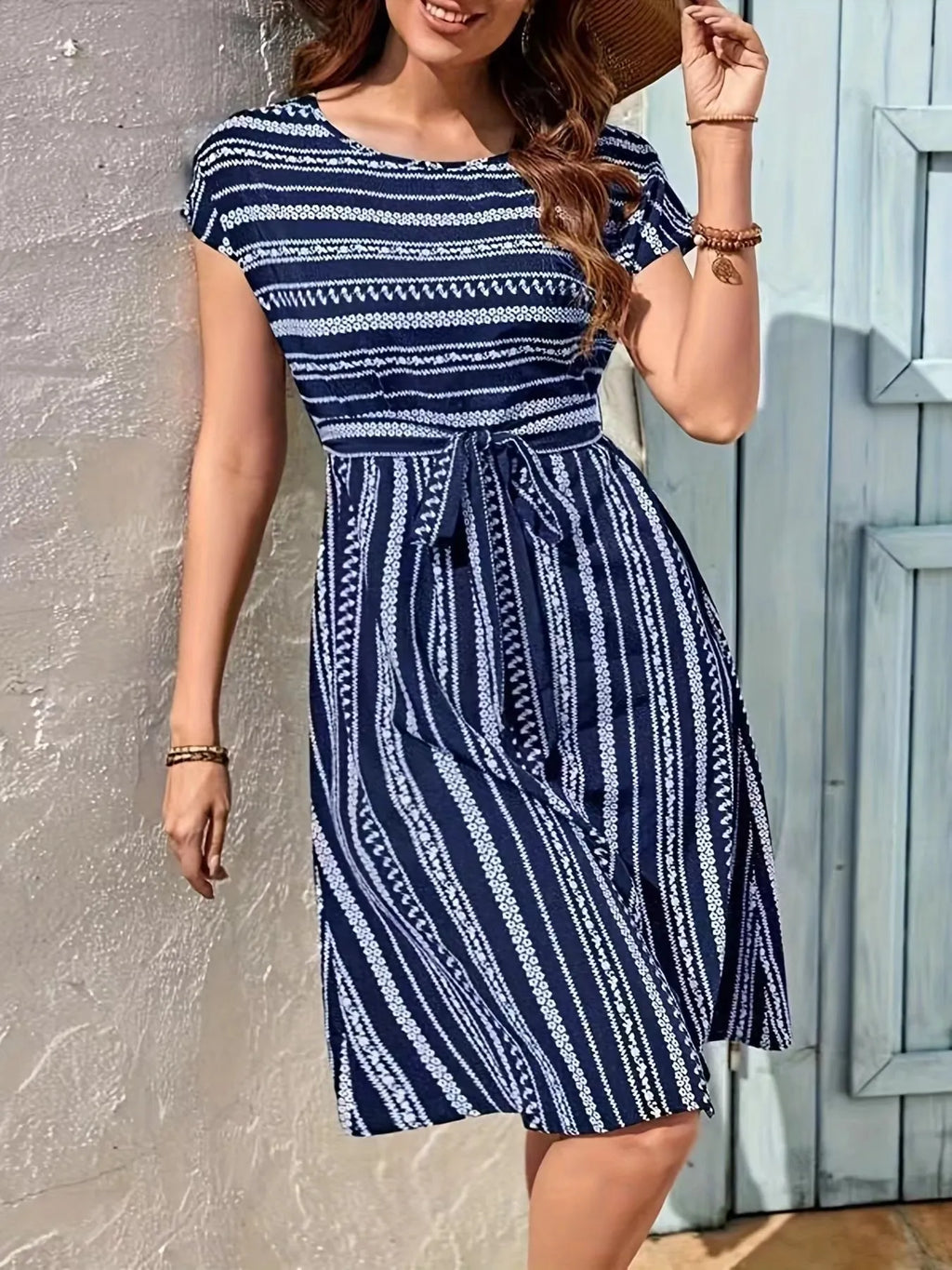 Striped Round Neck Short Sleeve Casual Dress