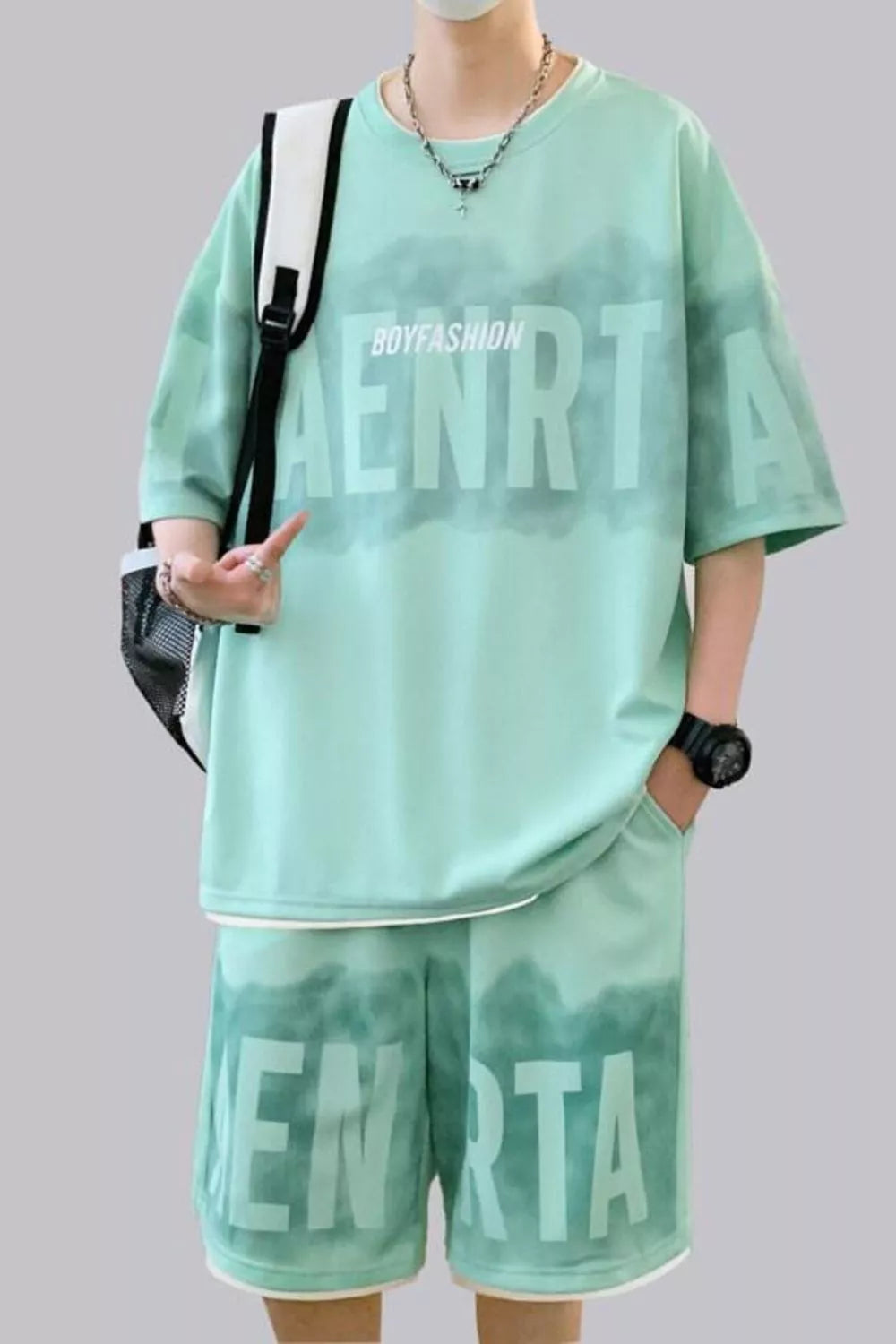 Men's Plus Size Letter Round Neck Tee and Shorts Set