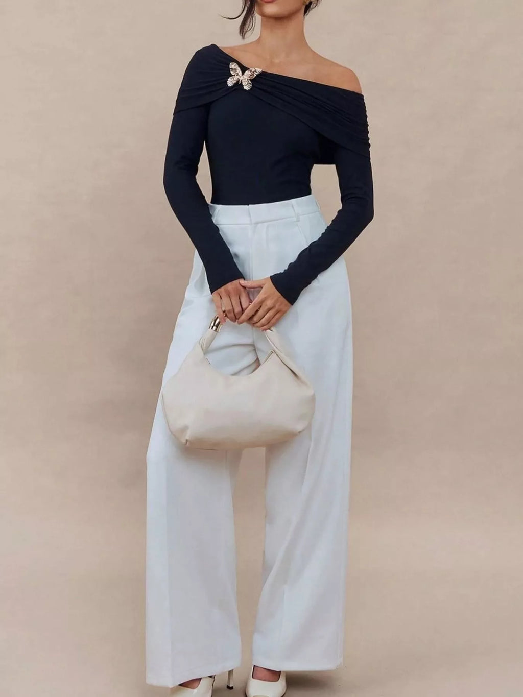 Elegant Off-Shoulder Long Sleeve Top with Butterfly Detail