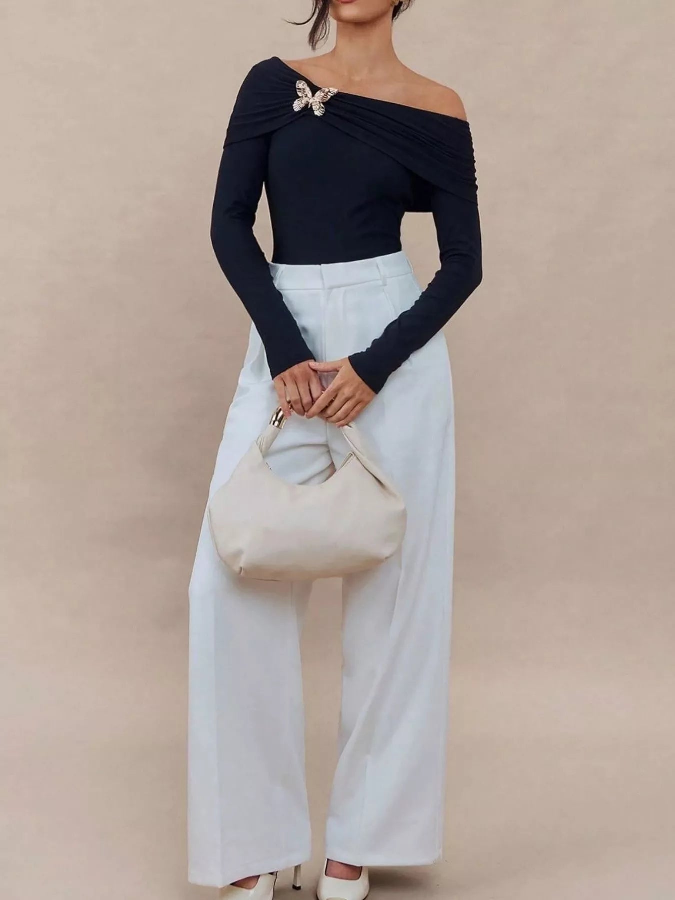 Elegant Off-Shoulder Long Sleeve Top with Butterfly Detail