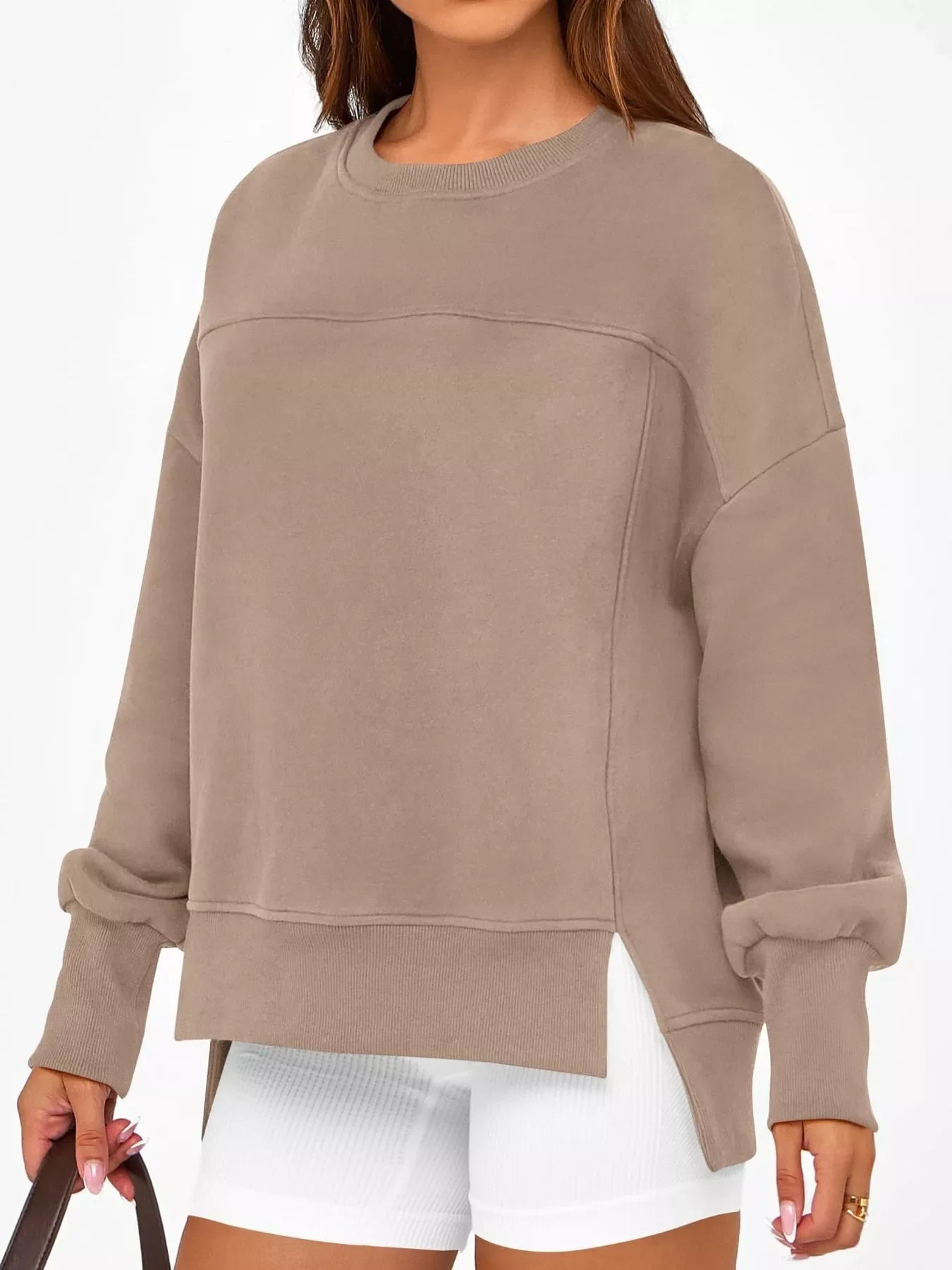 Slit Round Neck Dropped Shoulder Sweatshirt
