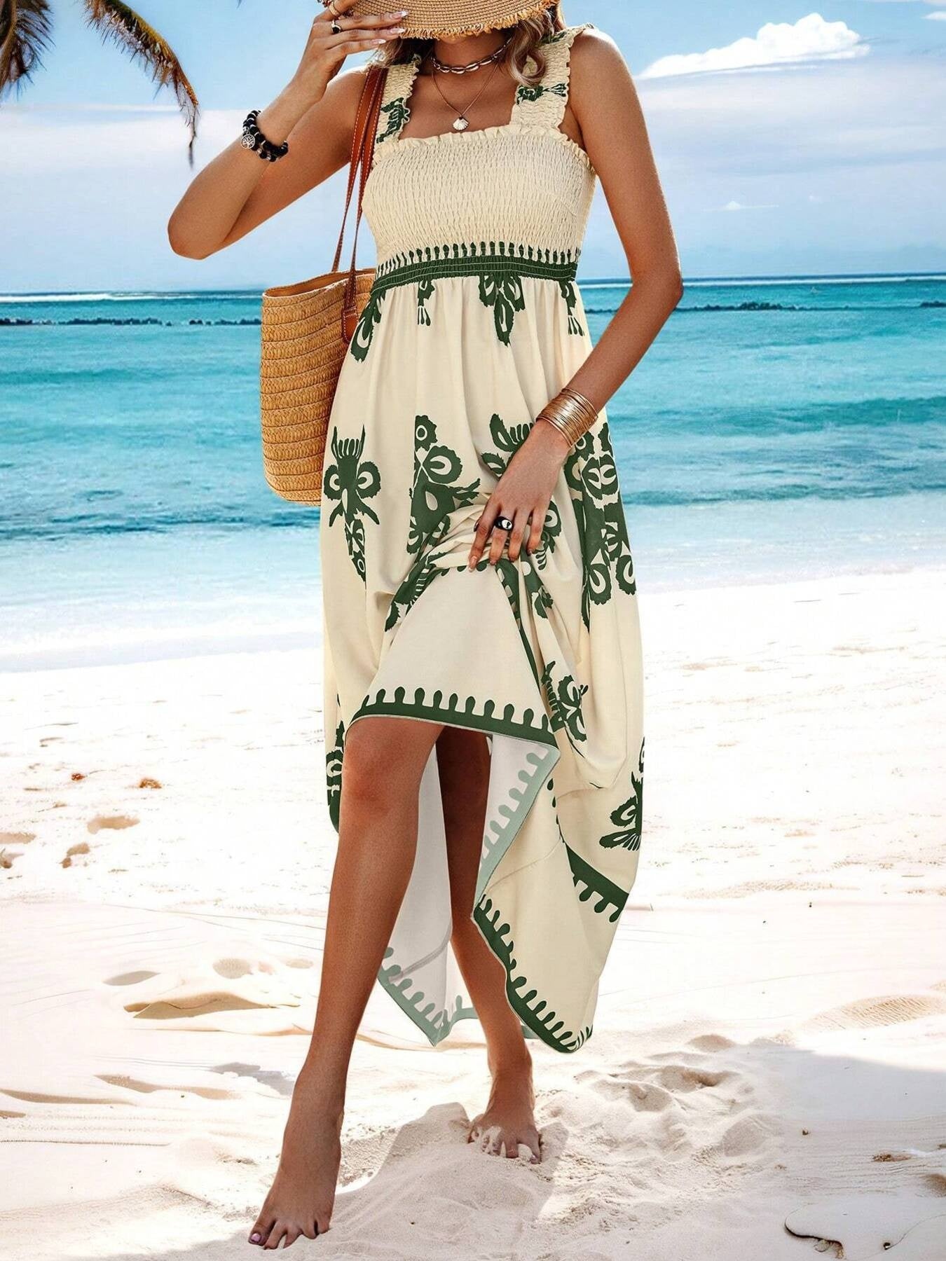 Smocked Bodice Colorful Print Tank Dress