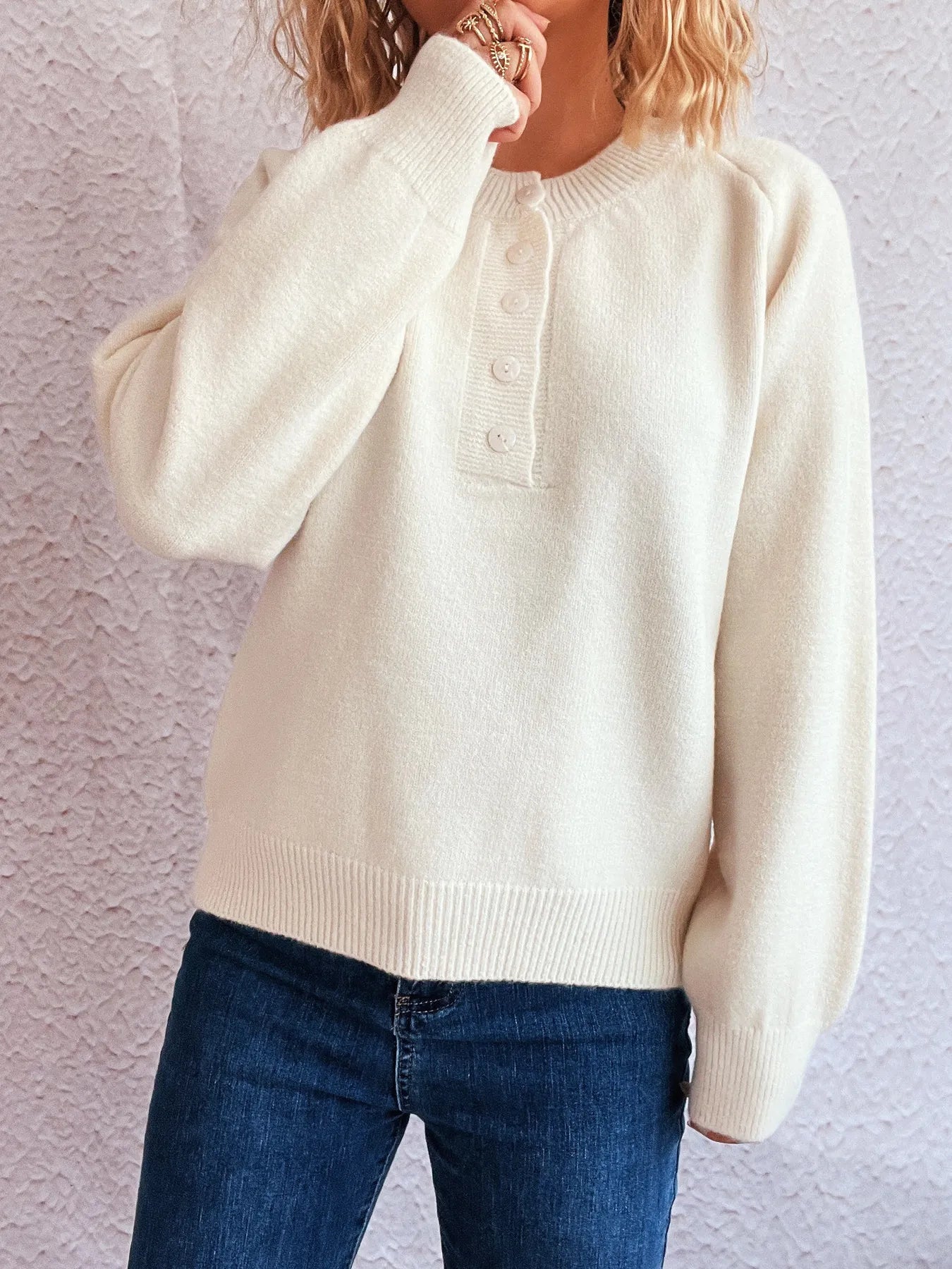 Button-Front Long Sleeve Sweater
