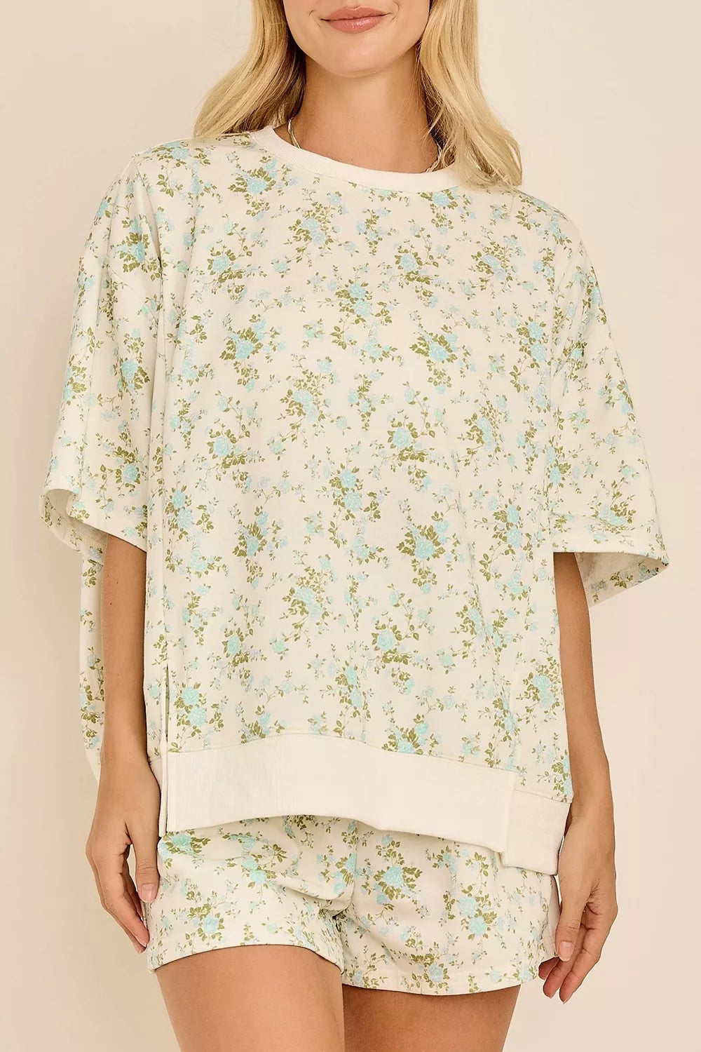 Floral Print Long Sleeve Shift Top Pocketed Shorts 2pcs Set