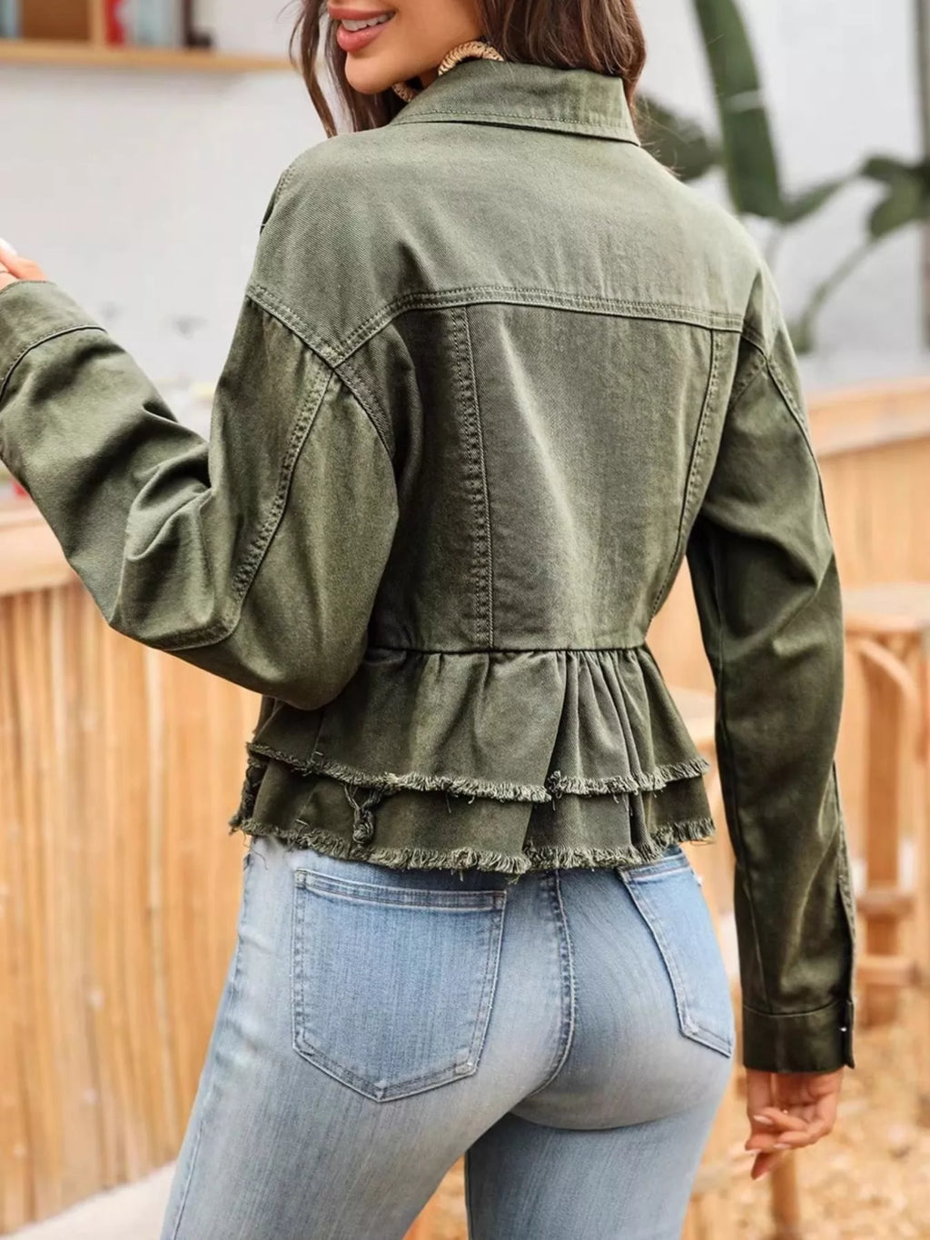Ruffle Raw Hem Denim Jacket