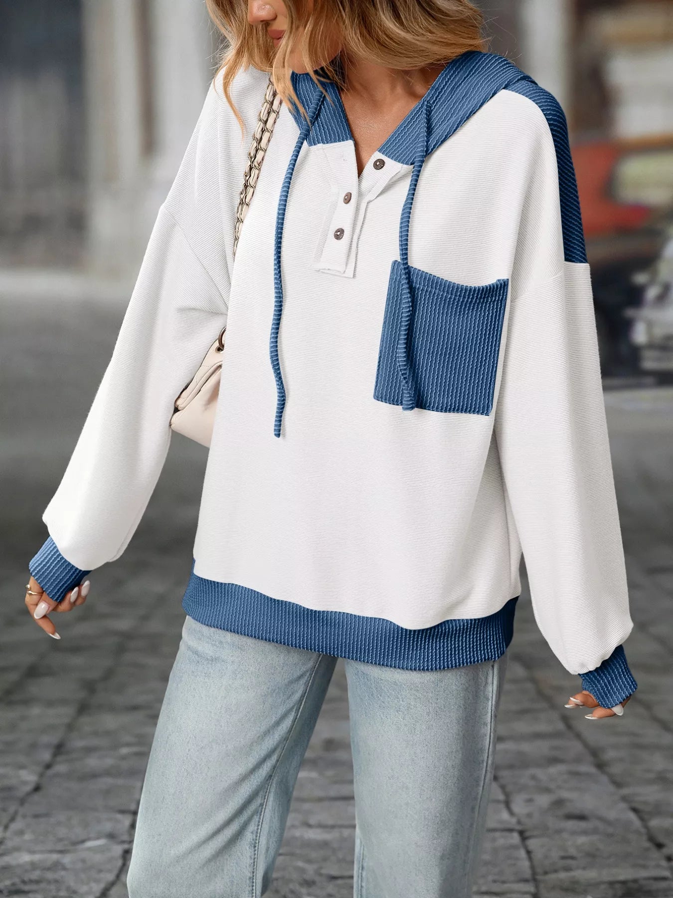 Casual Color Block Button Detail Hoodie