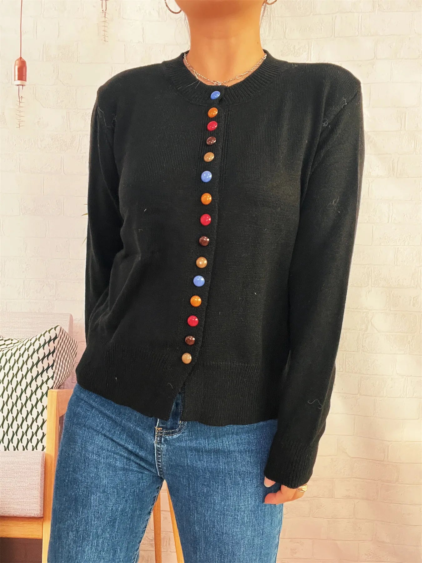 Button-Front Cardigan with Colorful Detail Buttons