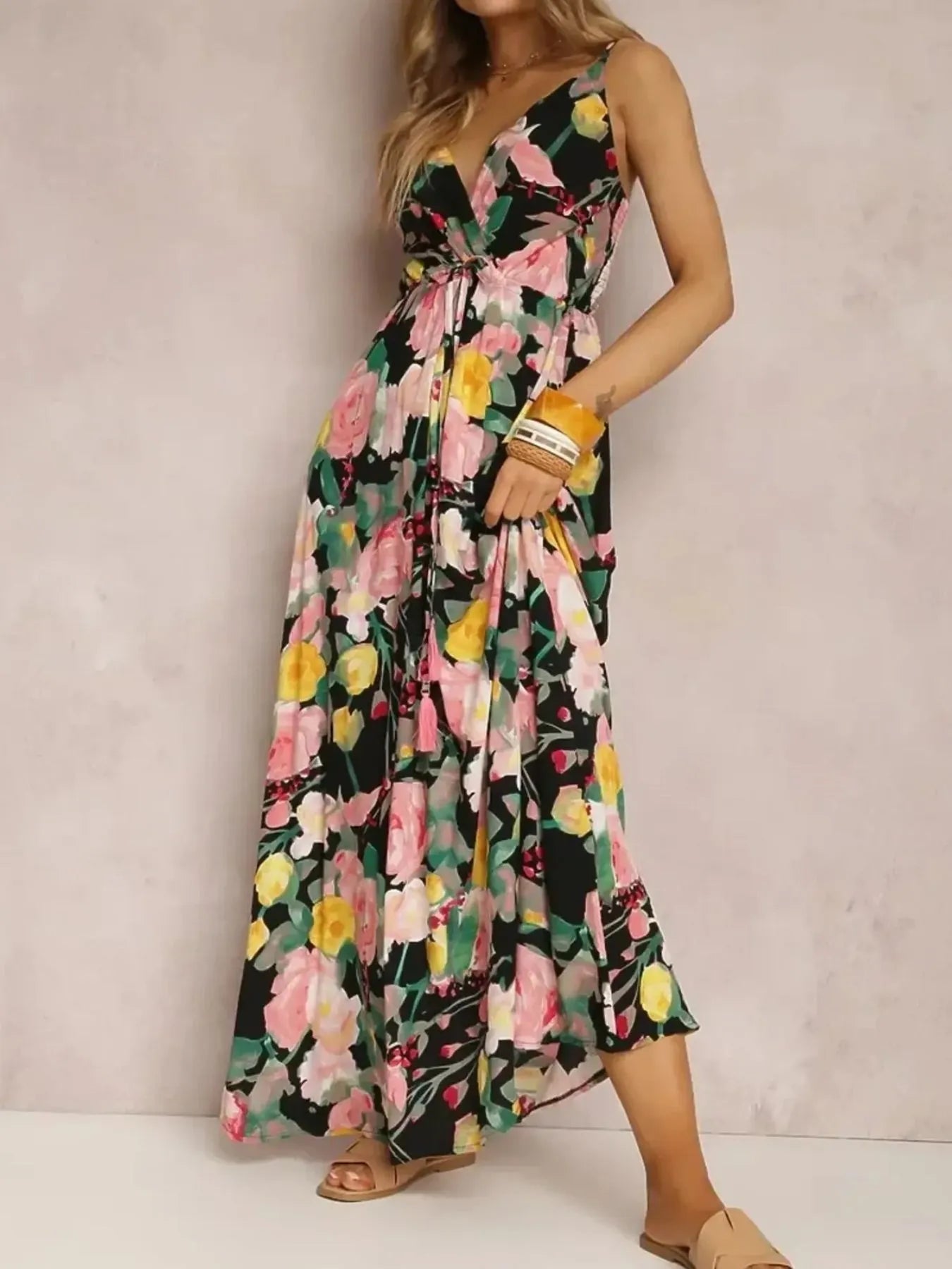Floral Print Surplice Spaghetti Strap Maxi Dress