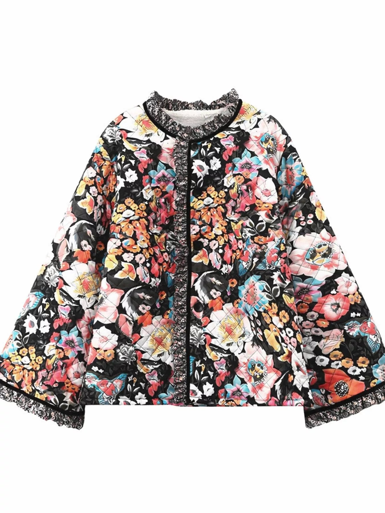 Full Size Floral Print Quilted Sherpa-Lined Jacket Plus Size