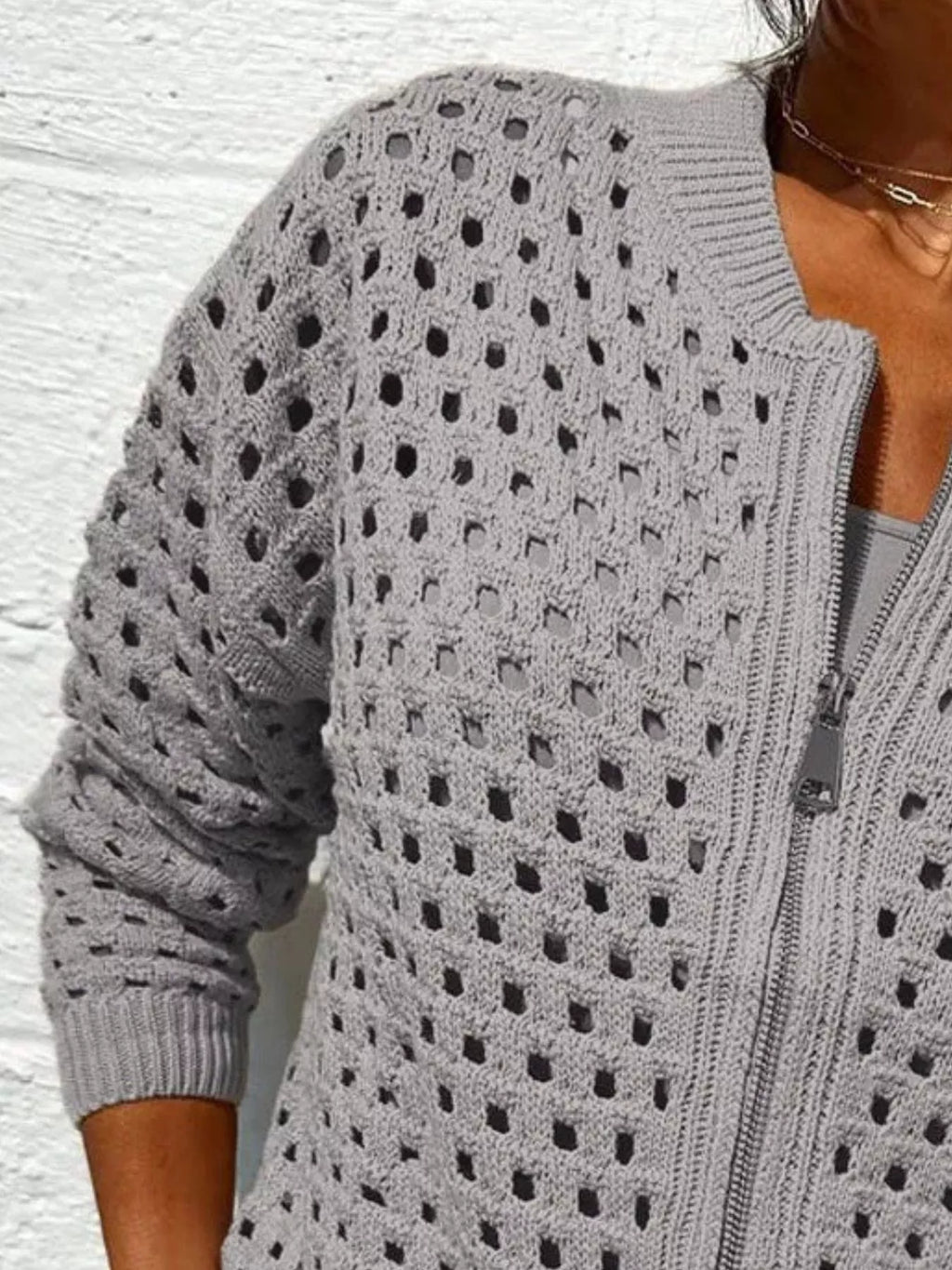 Full Size Zip Up Long Sleeve Cardigan with Eyelet Detail Plus Size