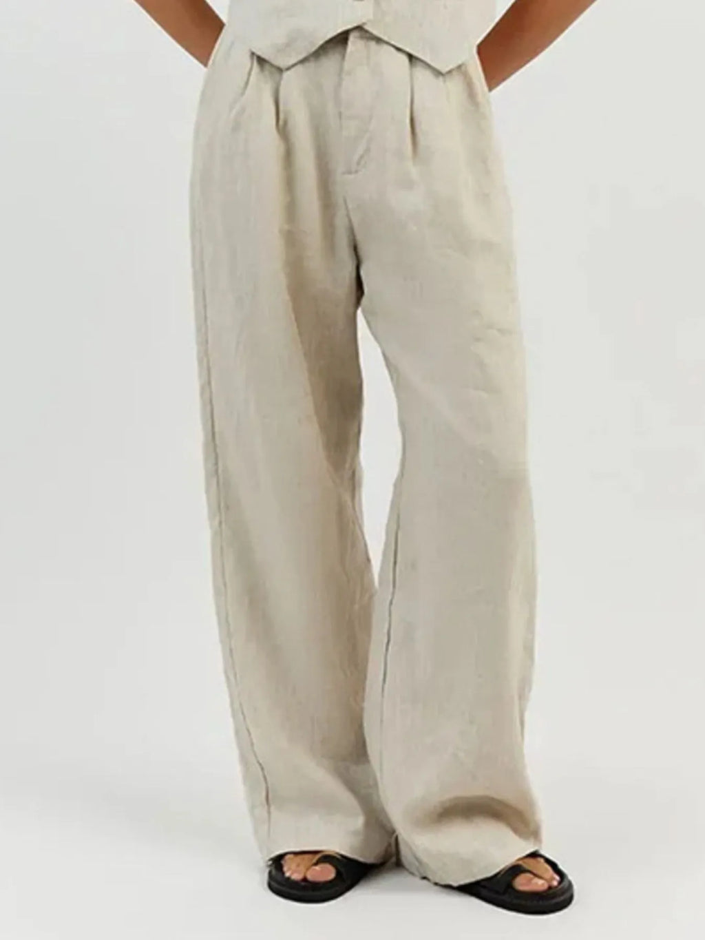 Full Size V-Neck Vest and Wide Leg Pants Set Plus Size