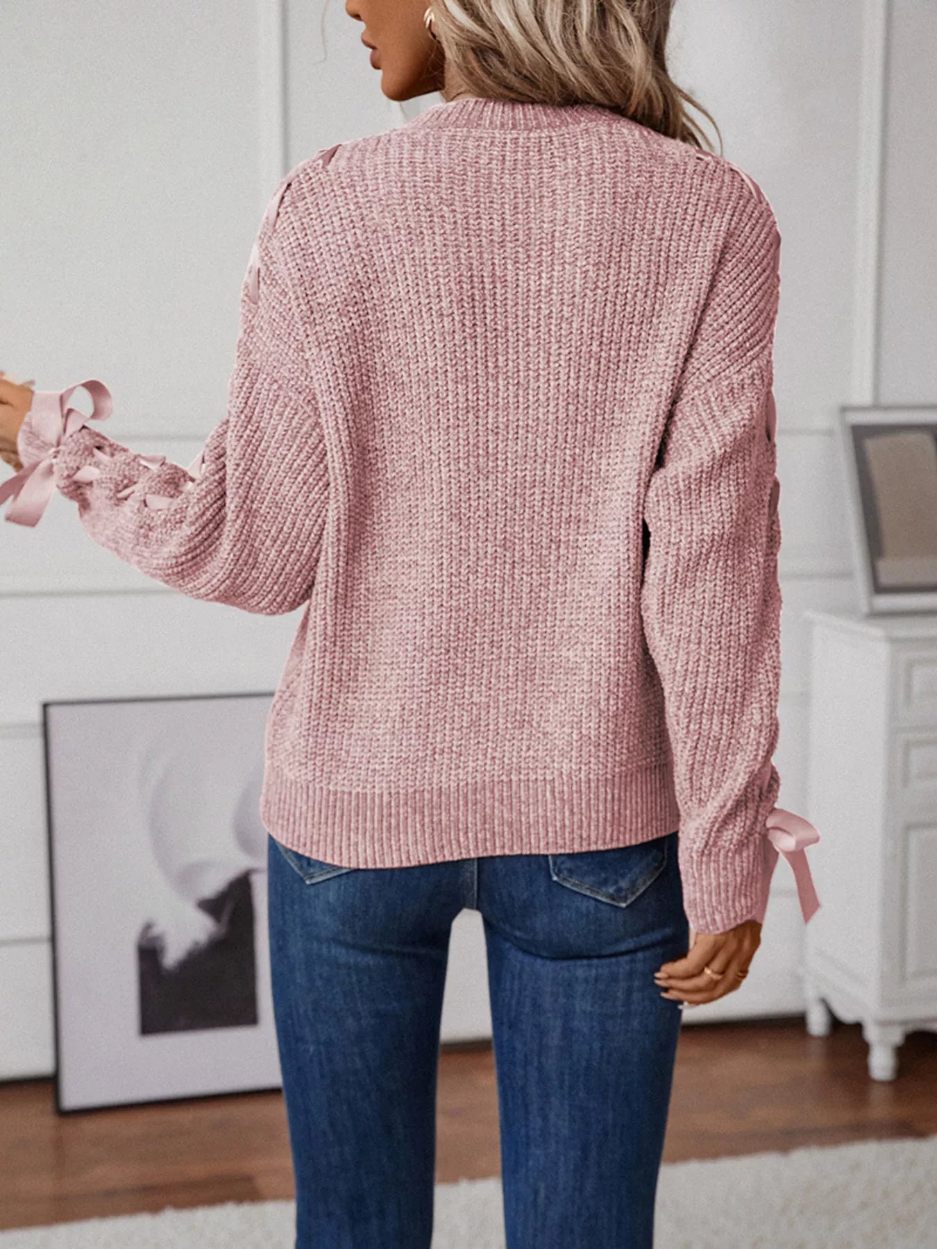 Ribbon-Tie Sleeve Round Neck Sweater