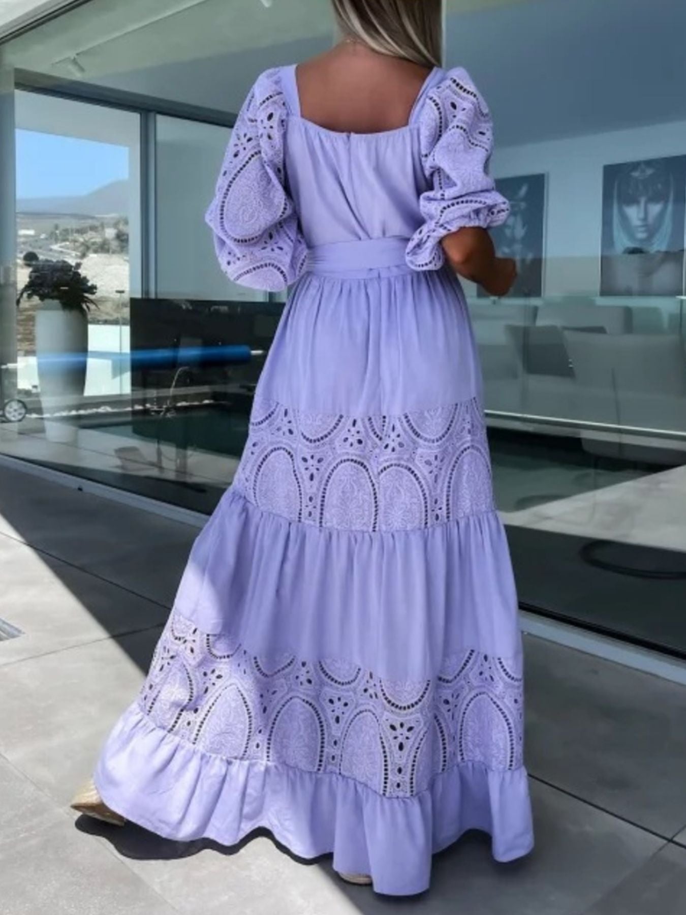 Lace Sleeve Belted Tiered Ruffled Maxi Dress