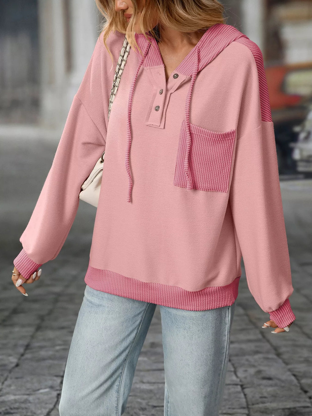 Casual Color Block Button Detail Hoodie