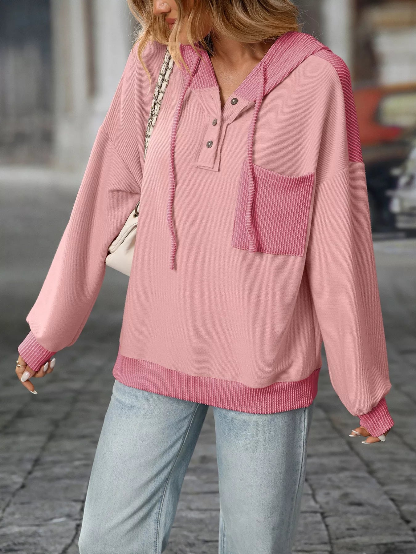 Casual Color Block Button Detail Hoodie