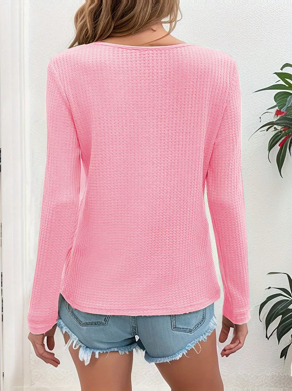 Waffle Knit Button-Detail V-Neck T-Shirt