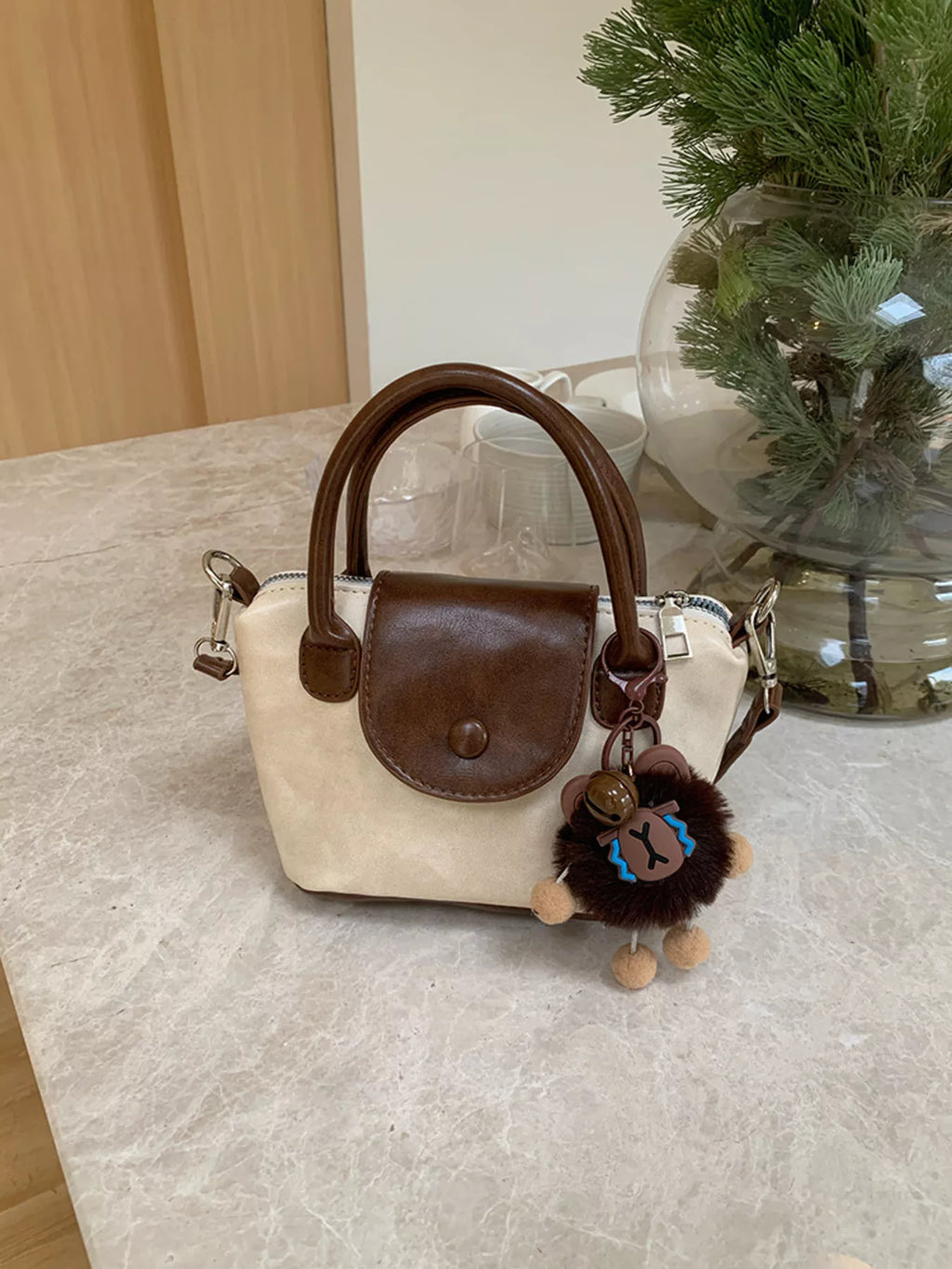 Two-Tone Flap Decor Crossbody Bag with Charm