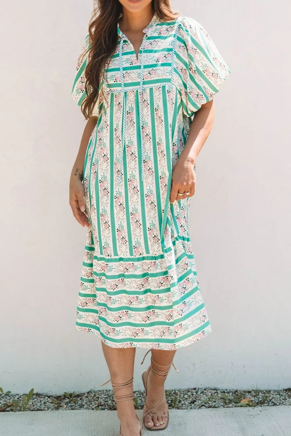 Striped Floral Print Tie Neck Puff Sleeve Midi Dress