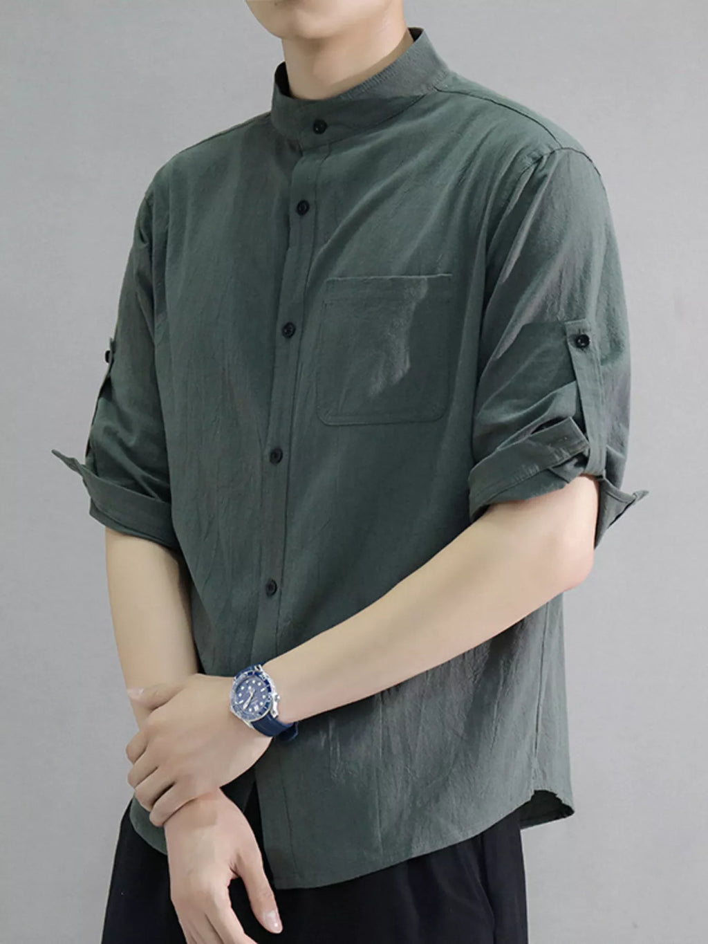 Men's Plus Size Button Up Roll-Up Sleeve Shirt