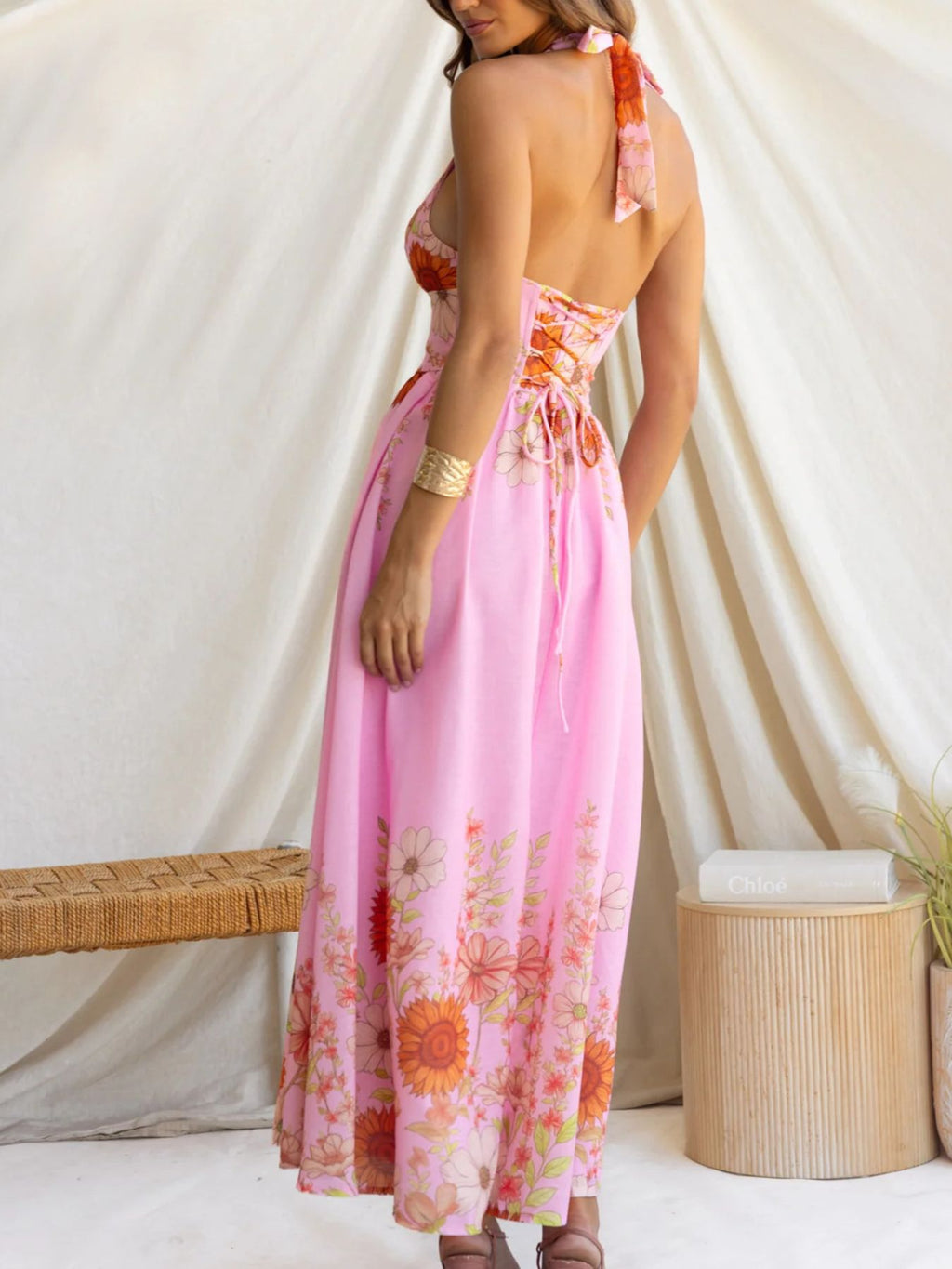 Floral Print Halter Neck Maxi Dress