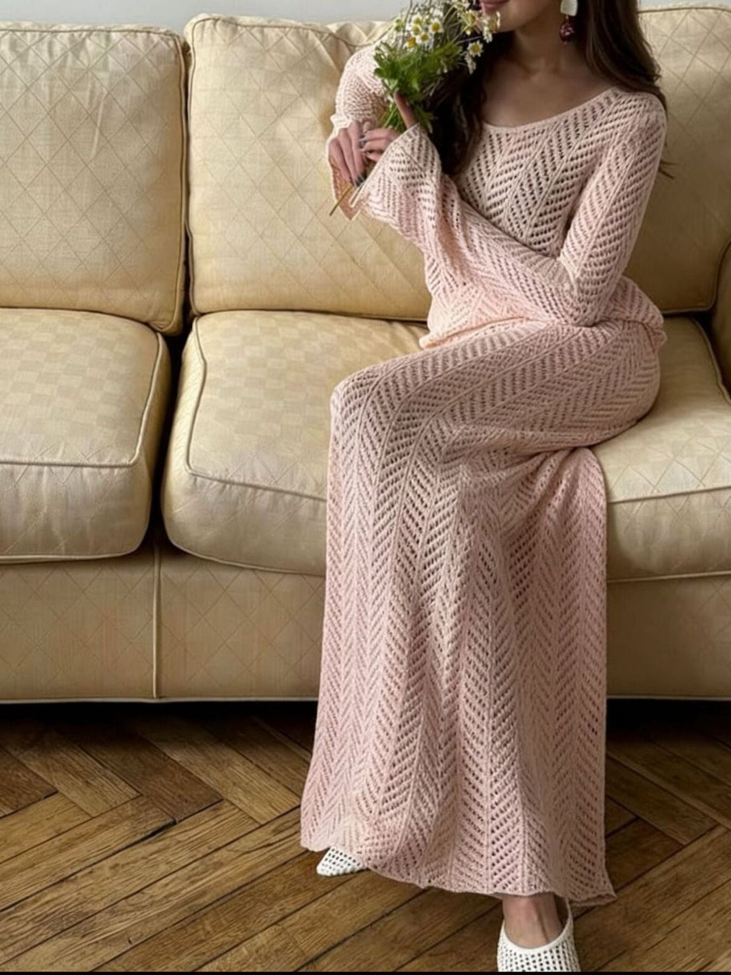 Openwork Long Sleeve Knit Top and Skirt Set