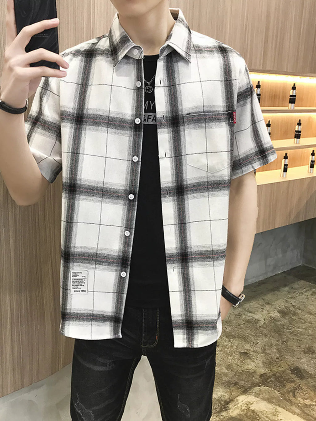 Men's Plus Size Plaid Button-Down Short Sleeve Shirt