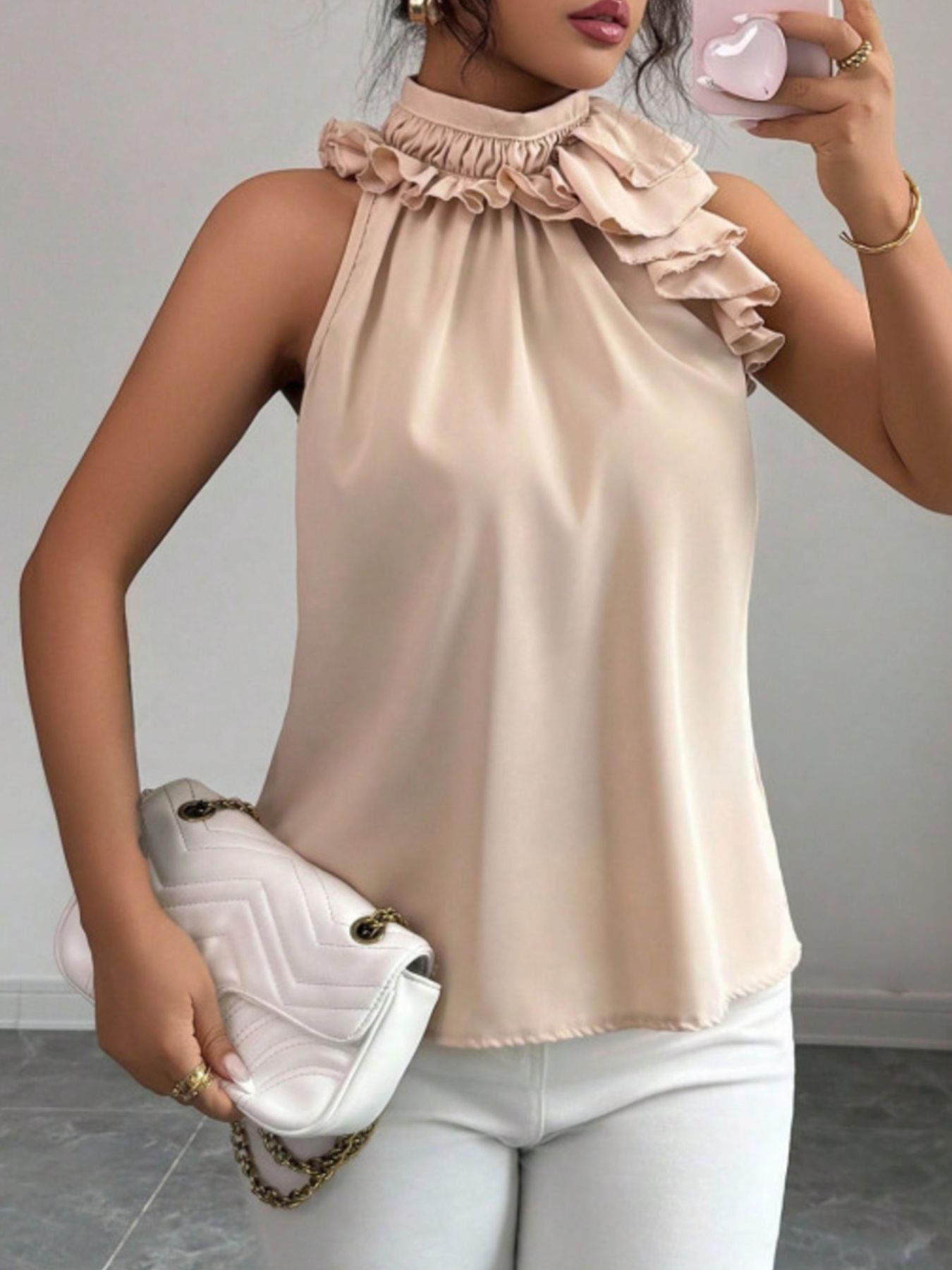 Ruffle High Neck Sleeveless Top