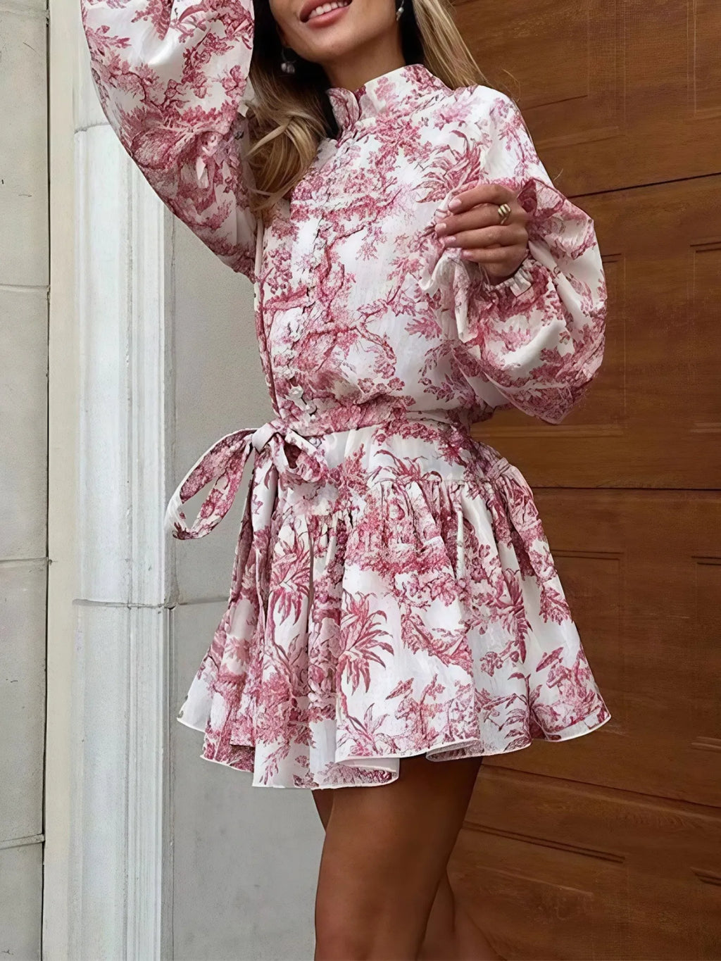 Printed Balloon Sleeve Tie Waist Dress