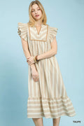 Umgee Stripe Ruffle Sleeve Tiered Midi Dress