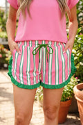 Striped Frill Hem Shorts with Drawstring Waist