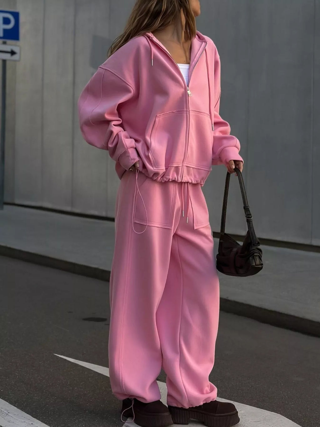 Oversized Zip-Up Hoodie and Wide-Leg Pants Set