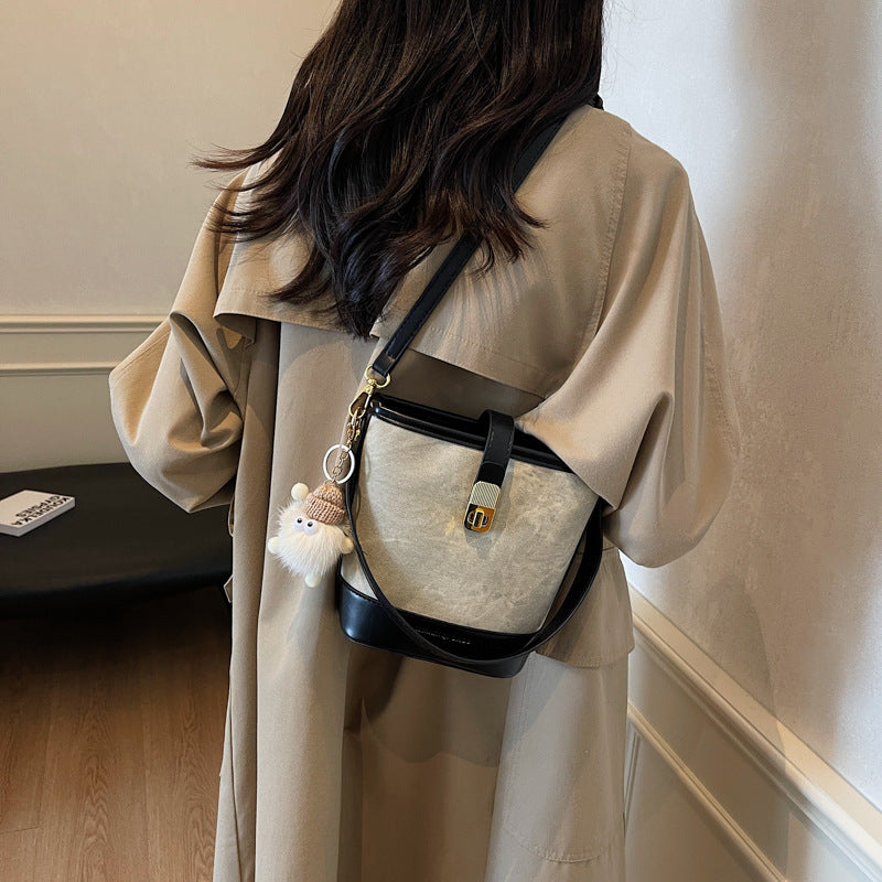 Vintage Bucket Crossbody Bag with Plush Charm