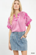 Umgee Embroidered Textured Flutter Sleeve Top