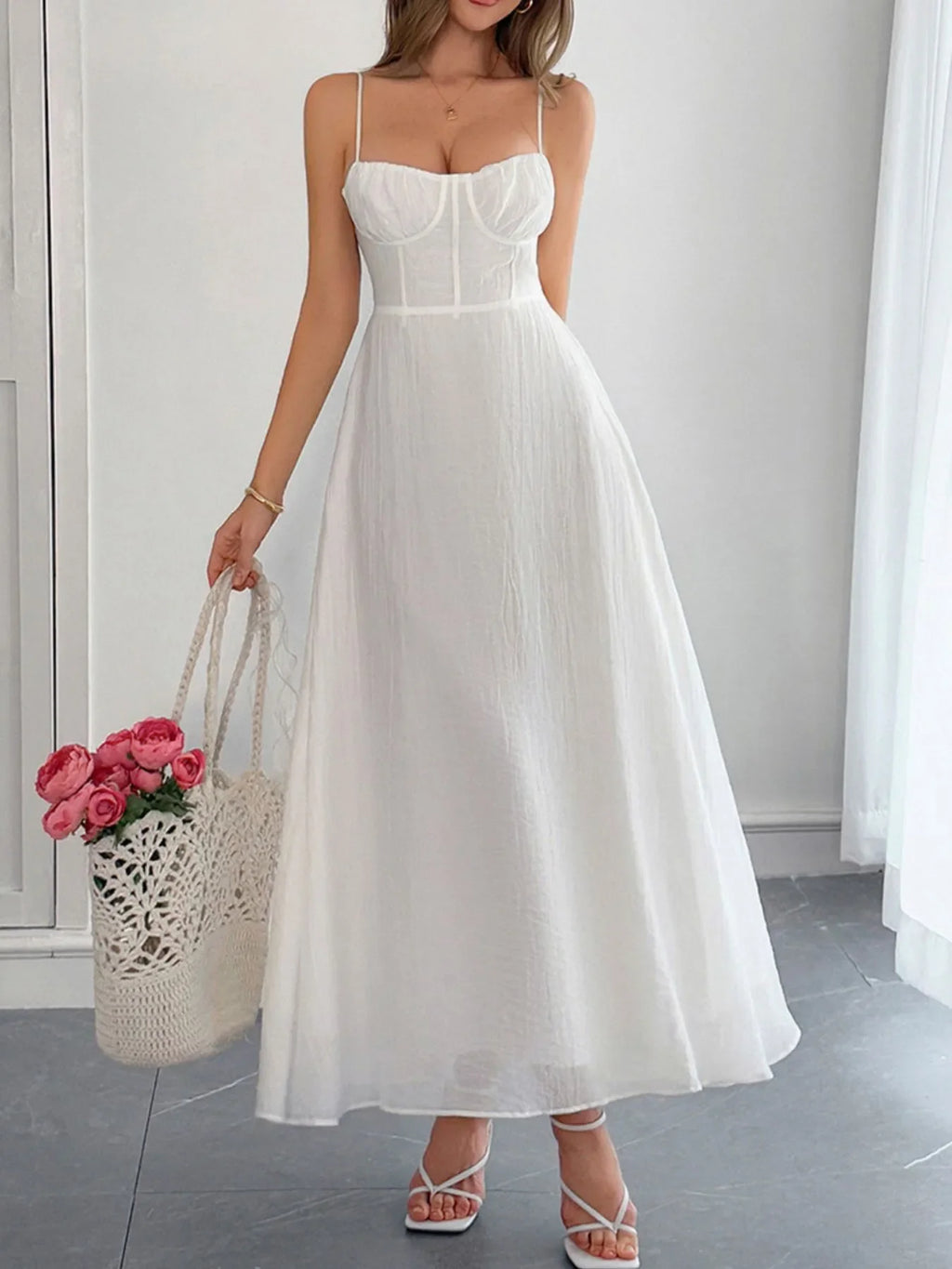 Texture Sweetheart Neck Backless Cami Dress