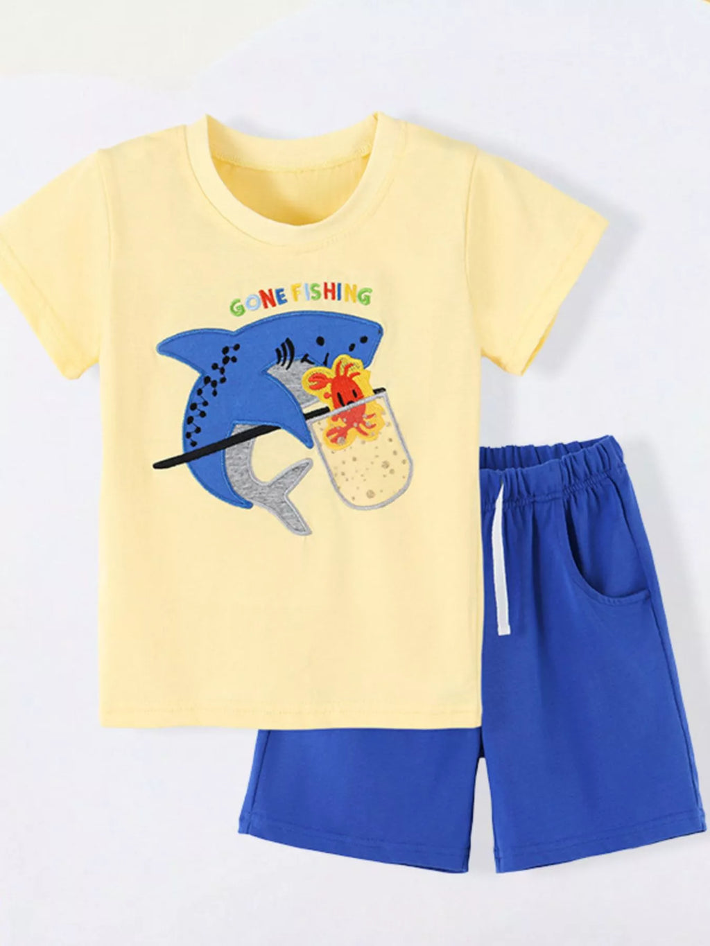 Children's Shark Embroidered Round Neck Tee and Shorts Set