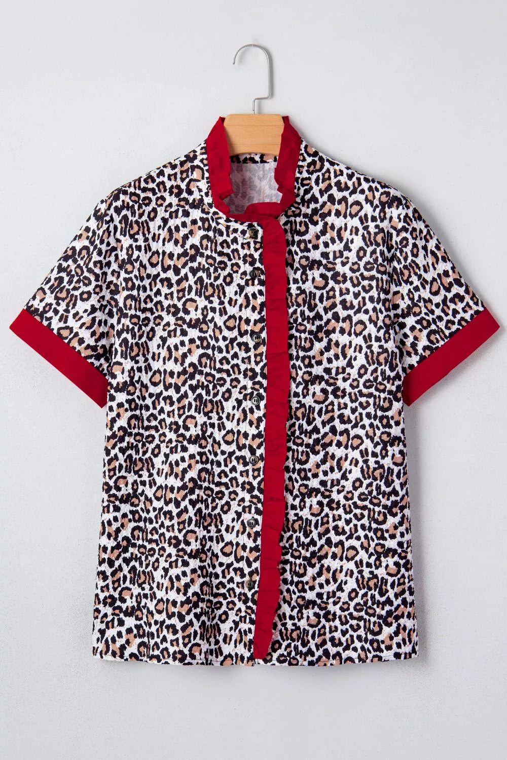 Contrast Frilled V Neck Trimmed Leopard Shirt