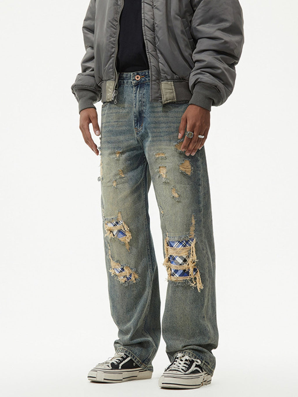 Men's Distressed Plaid Patch Wide Leg Jeans