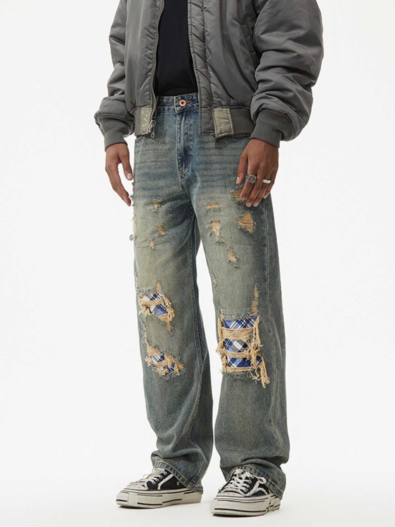 Men's Distressed Plaid Patch Wide Leg Jeans