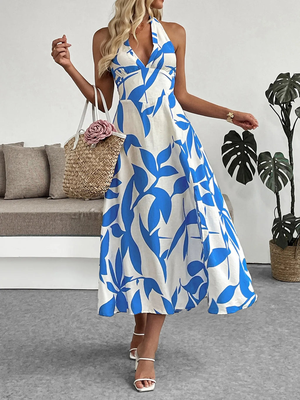 Leaf Print Halter Neck Midi Dress