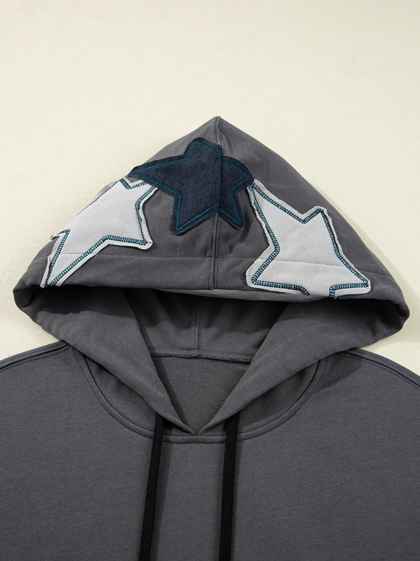 Star Patchwork Contrast Stitching Mineral Wash Kangaroo Pocket Hoodie