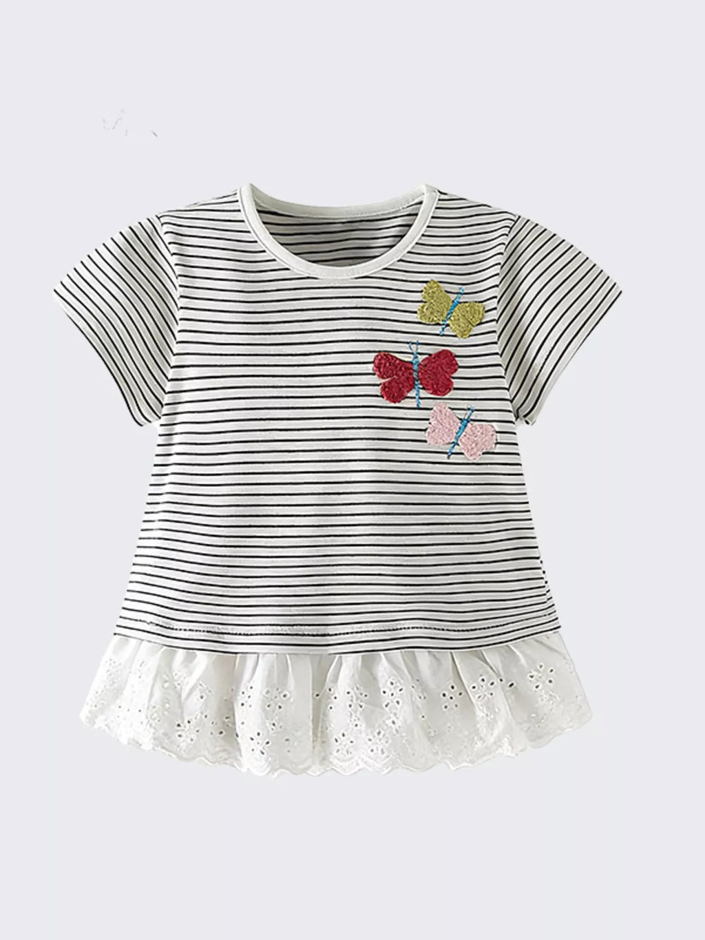 Children's Striped Butterfly Embroidered Ruffle Hem T-Shirt