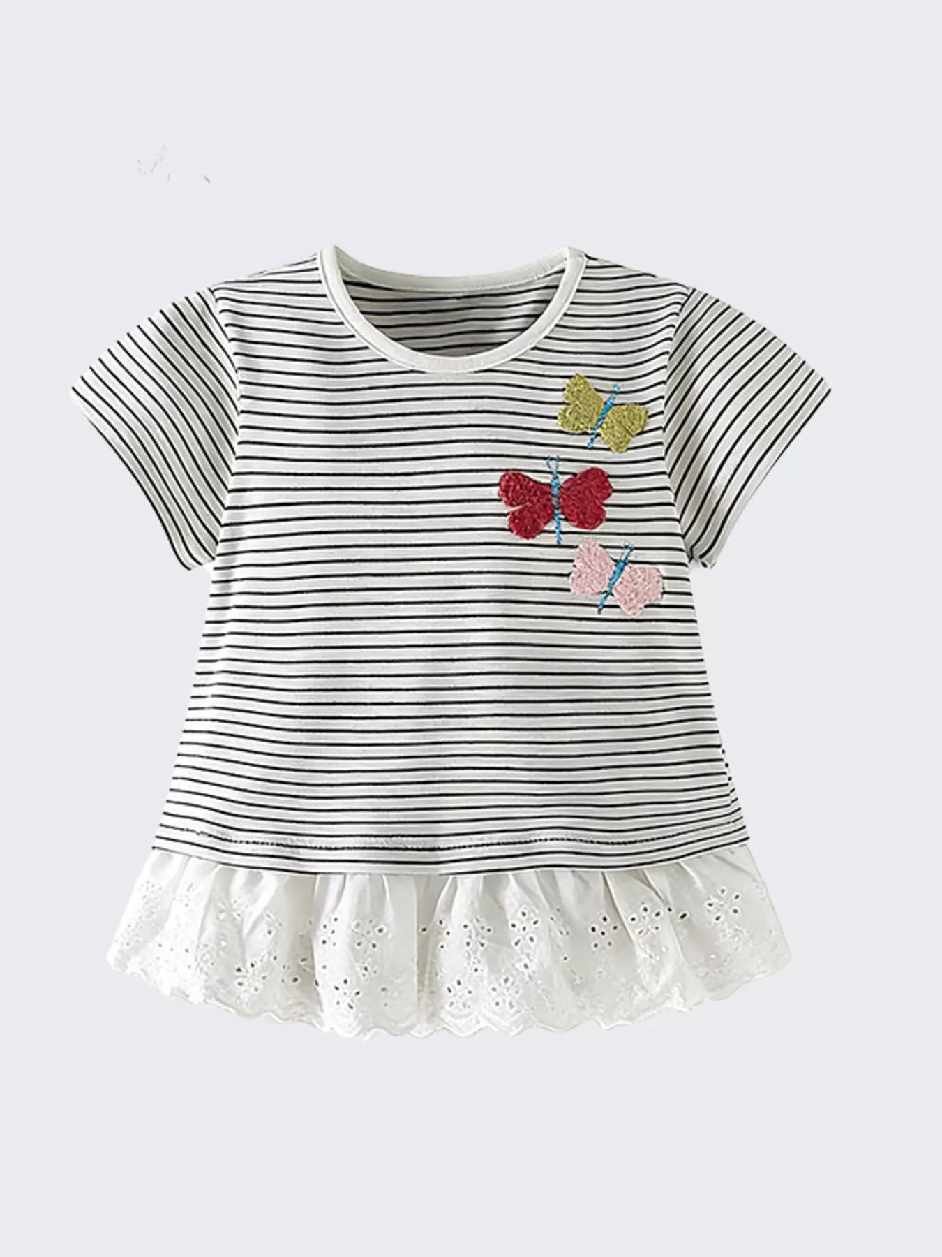 Children's Striped Butterfly Embroidered Ruffle Hem T-Shirt