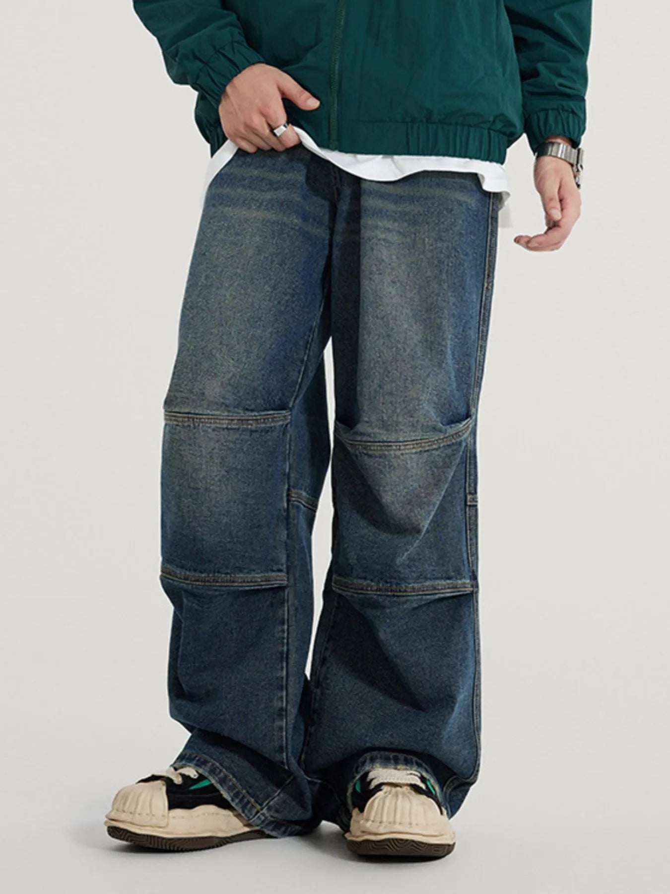 Men's Vintage Wide Leg Utility Jeans with Multi-Panel Design