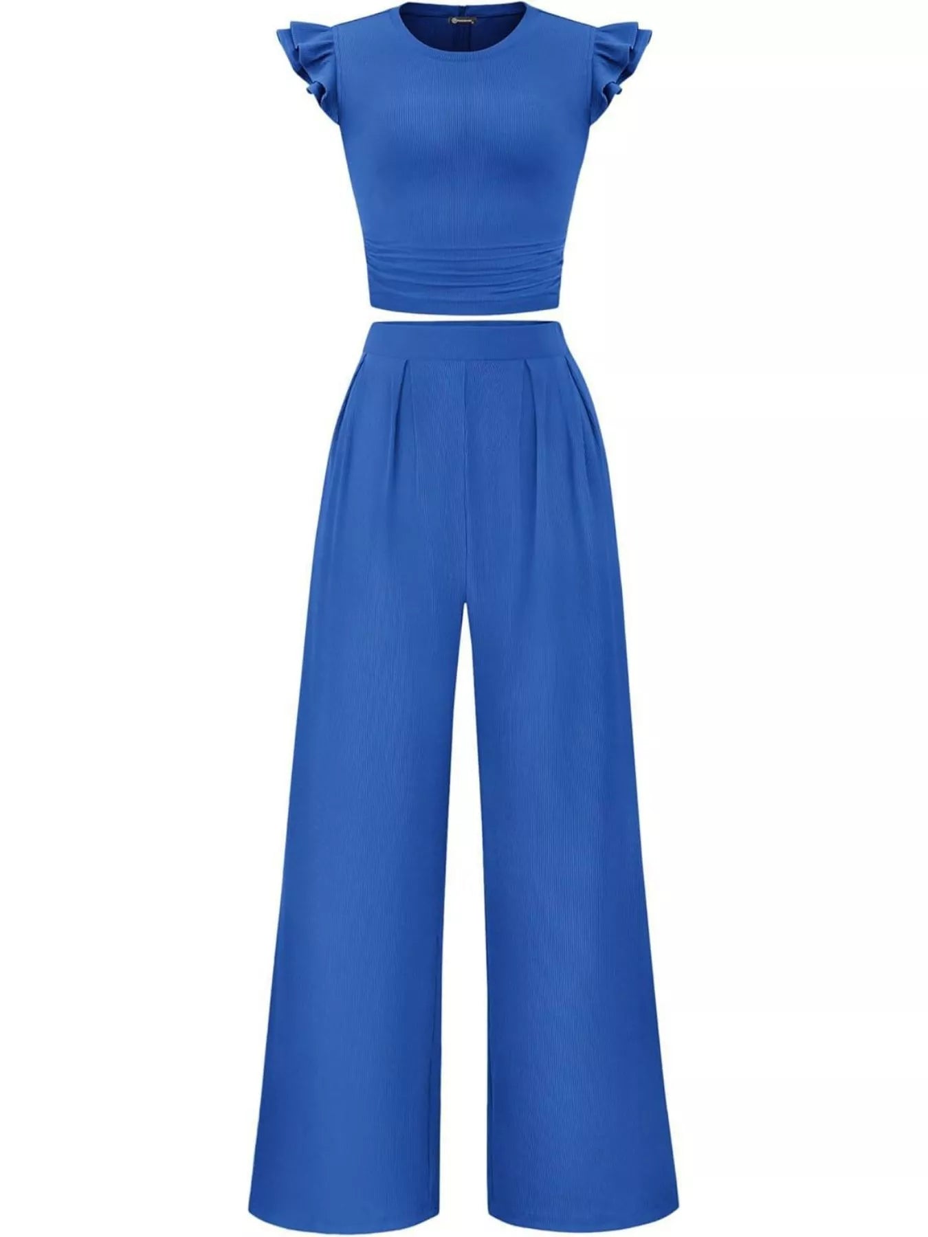 Ruffled Mock Neck Top and Wide Leg Pants Set