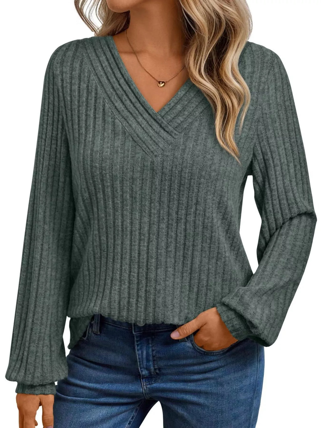 Ribbed Knit V-Neck Long Sleeve T-Shirt