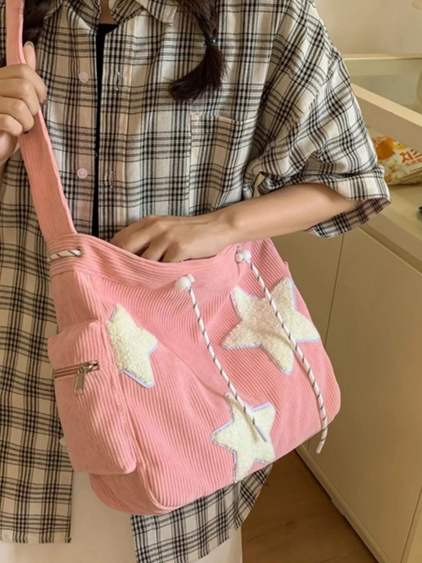 Corduroy Star Applique Casual Crossbody Bag