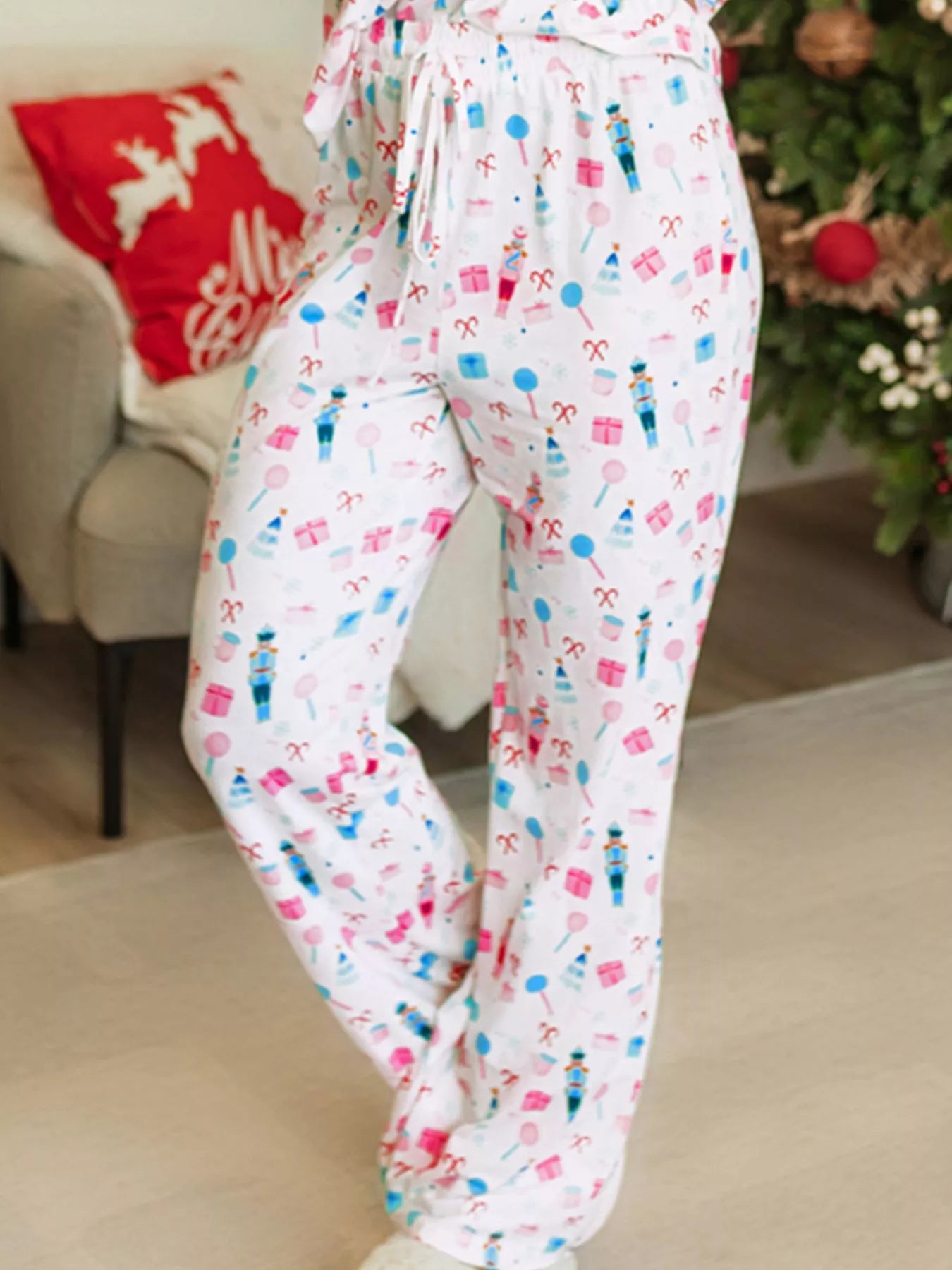 Christmas Pattern Long Sleeve Top and Wide Leg Pants Set