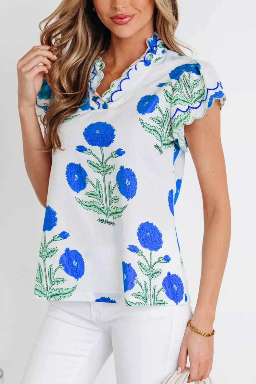 Contrast Scallop Trim Layered Short Sleeve V Neck Blouse