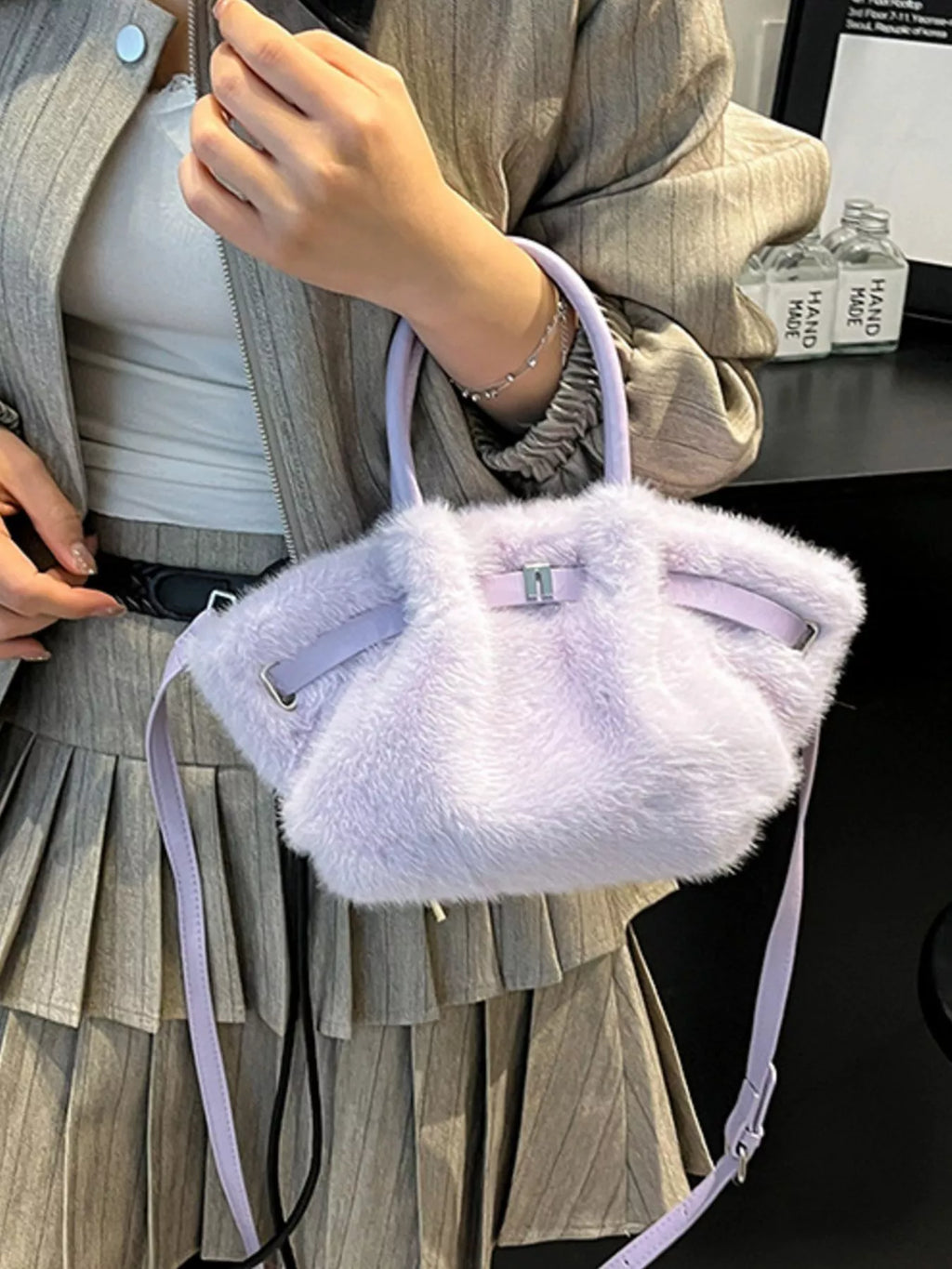 Fluffy Crossbody Bag with Buckle Detail
